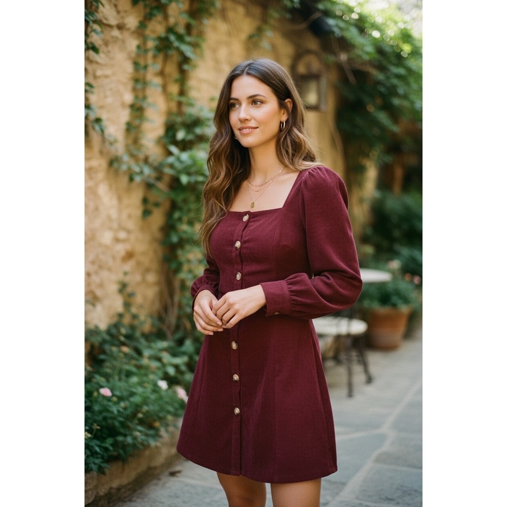 Lulus Burgundy Corduroy Button Front Mini Dress‎ Long Sleeve Square Neck XS NEW